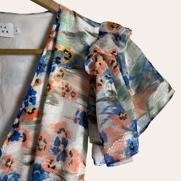 Tanya Taylor Bailey Floral Print Ruffled Wrap Mini Dress Size 2 - Picture 7 of 14